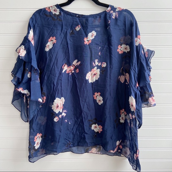 Lola Blue Silk Floral Ruffle Sleeve Tiered Blouse - Picture 3 of 8